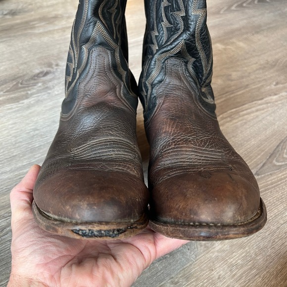 VTG Tony Lama Taurus Cowboy Boots Chocolate Two-Tone Leather #6171 Mens 8.5 D - Picture 7 of 13